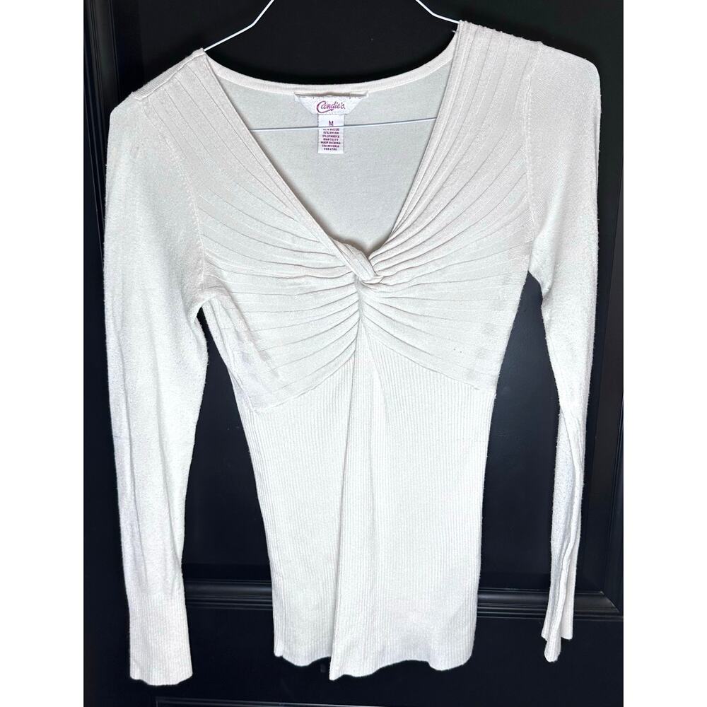 🌻Candies Y2K Women's Babydoll Sweater Med Cream Deep V-Neck Preppy Knot Ribbed